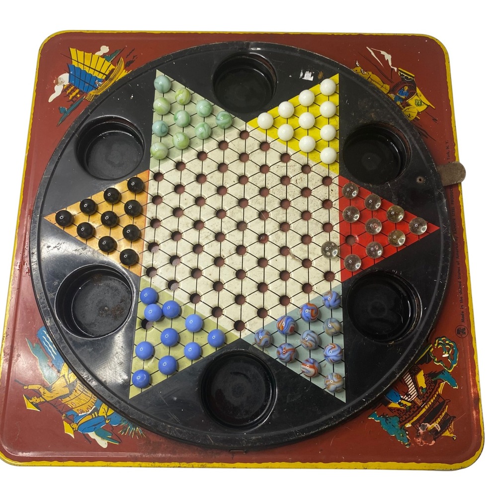 Vintage Ranger Steel Products Tin Litho 1950s Chinese Checkers Board Marbles USA